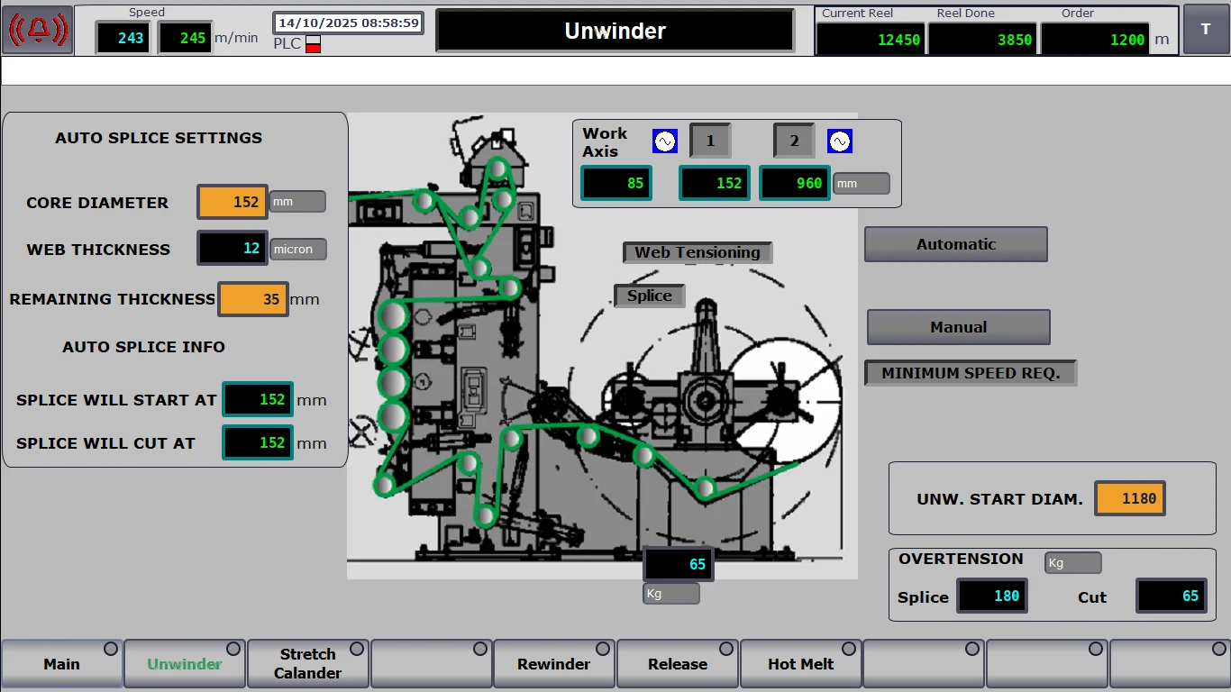 Schermata HMI: svolgitore con cambio bobina automatico